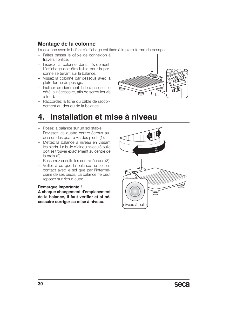 Montage de la colonne, Installation et mise à niveau | Seca 799 User Manual | Page 30 / 162