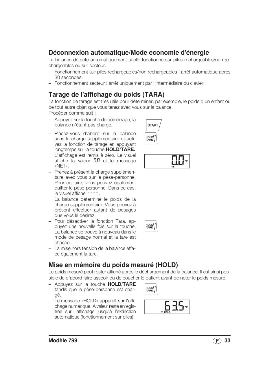 Déconnexion automatique/mode économie d'énergie, Tarage de l'affichage du poids (tara), Mise en mémoire du poids mesuré (hold) | Seca 799 User Manual | Page 33 / 162