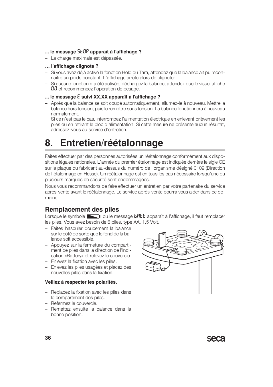 Entretien/réétalonnage, Remplacement des piles | Seca 799 User Manual | Page 36 / 162