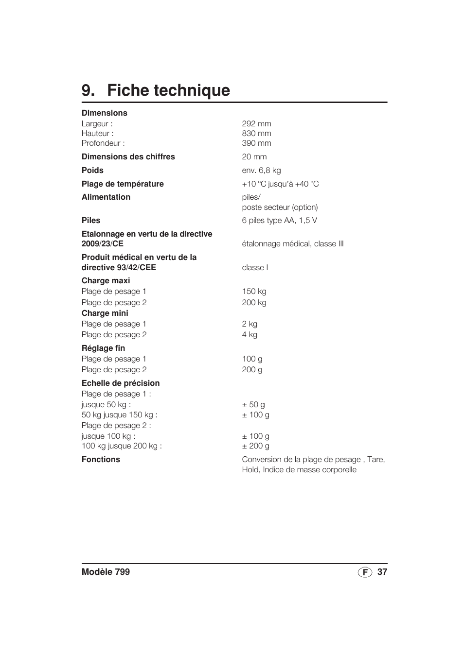 Fiche technique | Seca 799 User Manual | Page 37 / 162