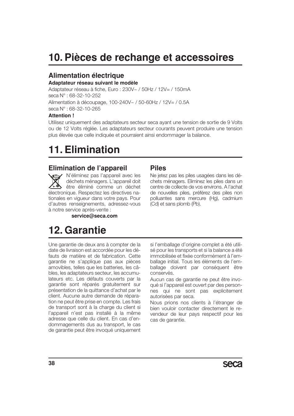 Pièces de rechange et accessoires, Elimination, Elimination de l’appareil | Piles, Garantie, Alimentation électrique | Seca 799 User Manual | Page 38 / 162