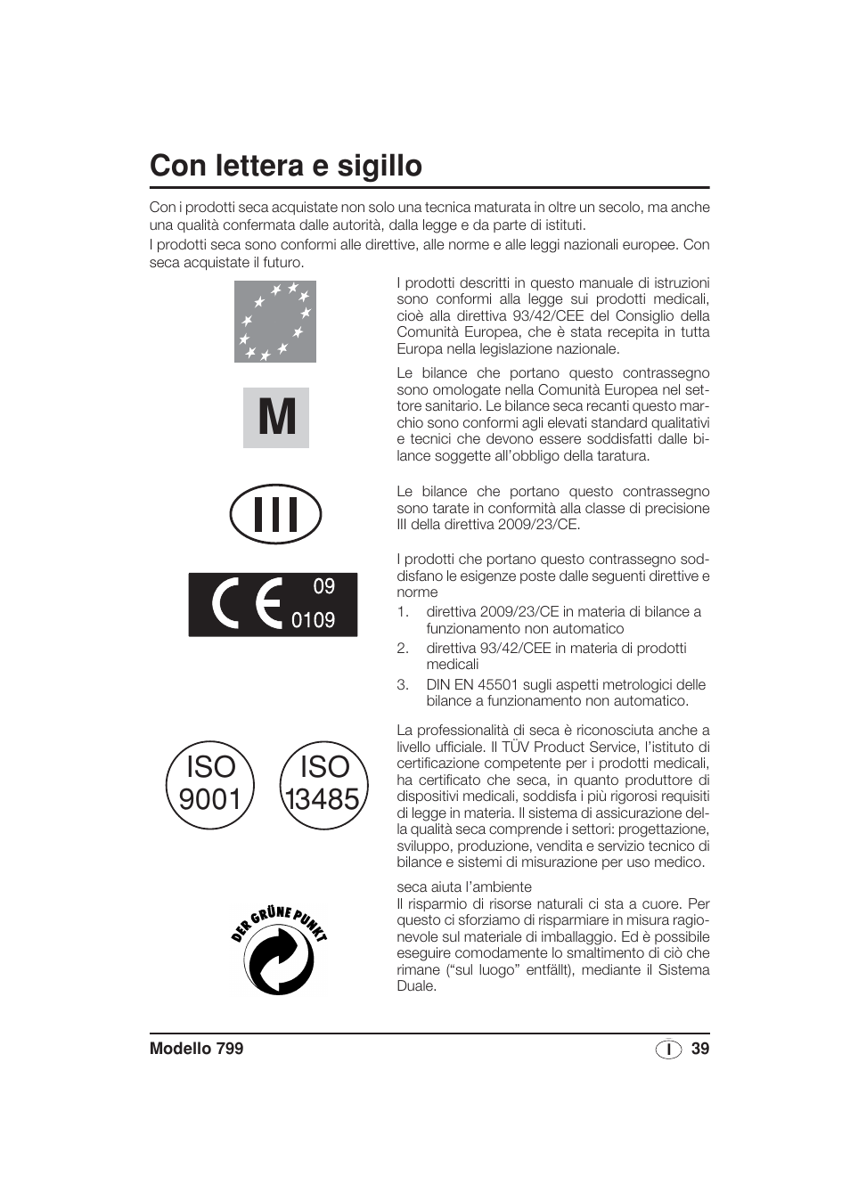 Italiano, Con lettera e sigillo | Seca 799 User Manual | Page 39 / 162
