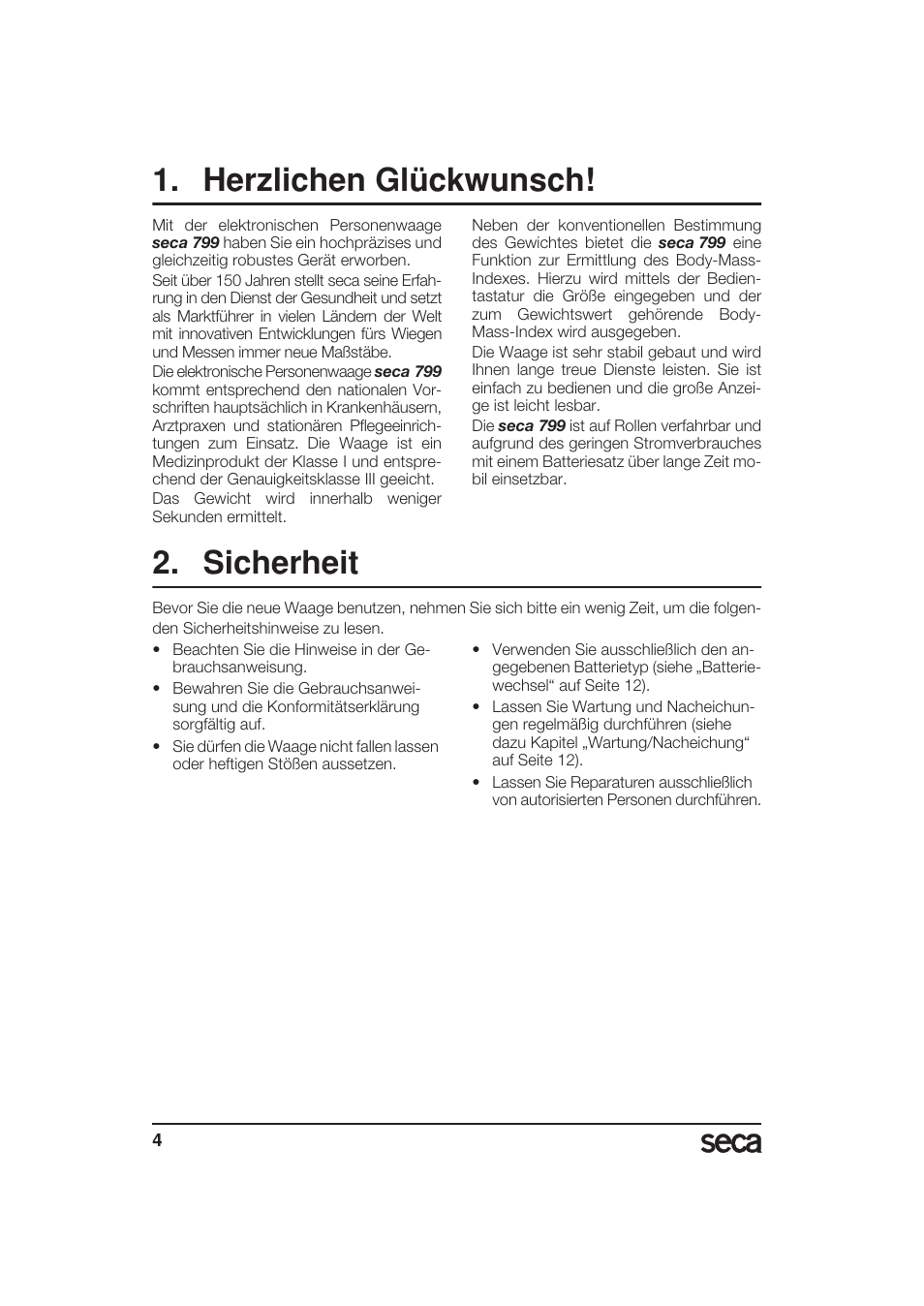 Herzlichen glückwunsch, Sicherheit | Seca 799 User Manual | Page 4 / 162