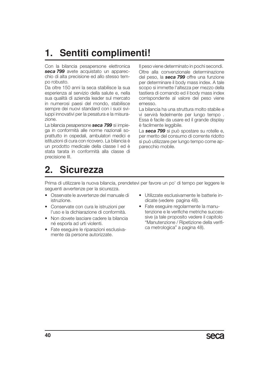 Sentiti complimenti, Sicurezza | Seca 799 User Manual | Page 40 / 162