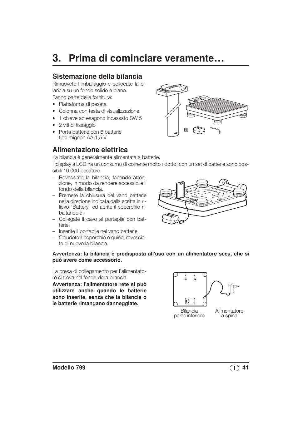 Prima di cominciare veramente, Sistemazione della bilancia, Alimentazione elettrica | Seca 799 User Manual | Page 41 / 162