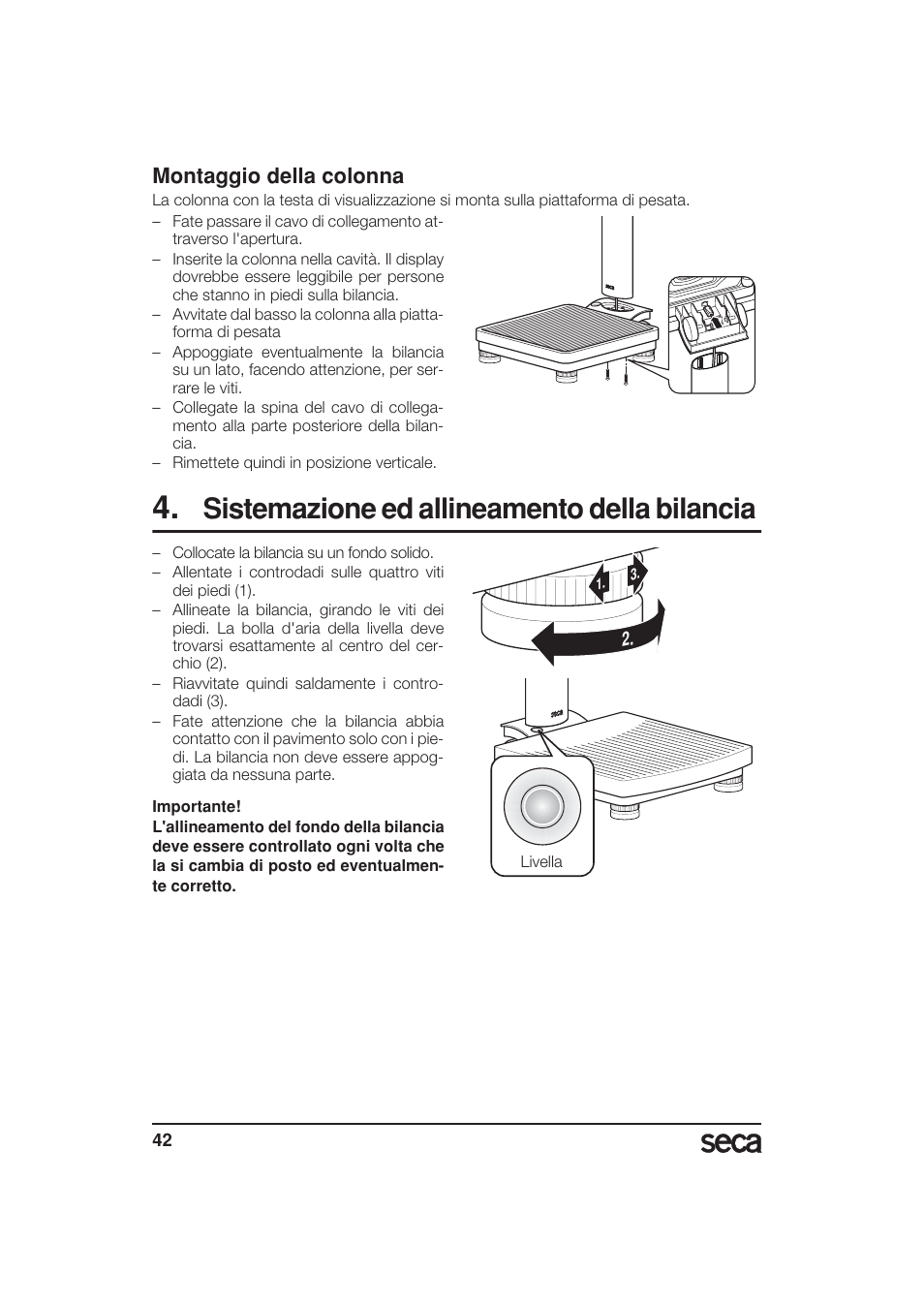 Montaggio della colonna, Sistemazione ed allineamento della bilancia | Seca 799 User Manual | Page 42 / 162