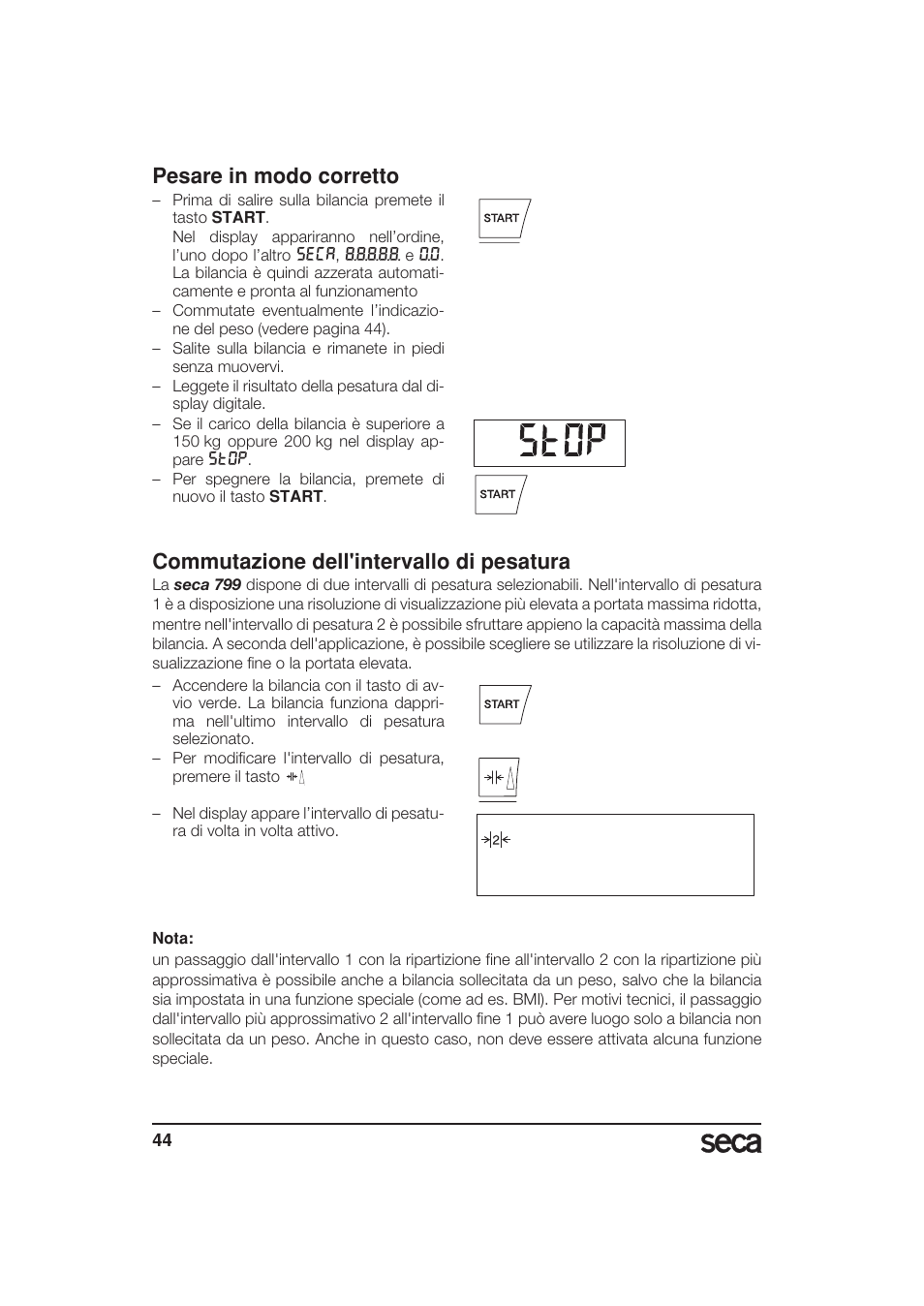 Pesare in modo corretto, Commutazione dell'intervallo di pesatura | Seca 799 User Manual | Page 44 / 162