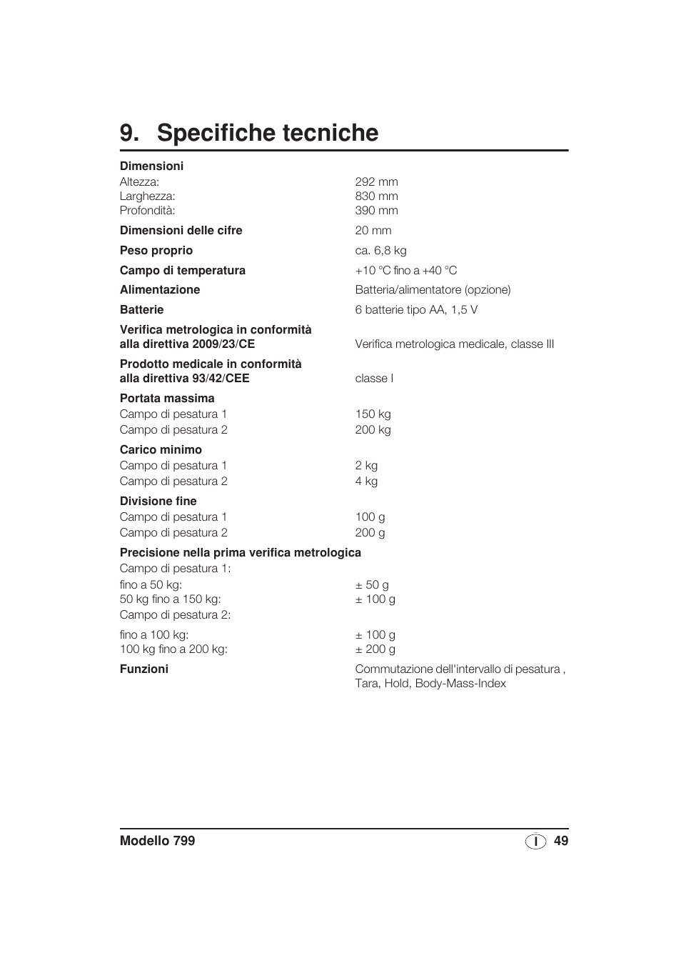 Specifiche tecniche | Seca 799 User Manual | Page 49 / 162