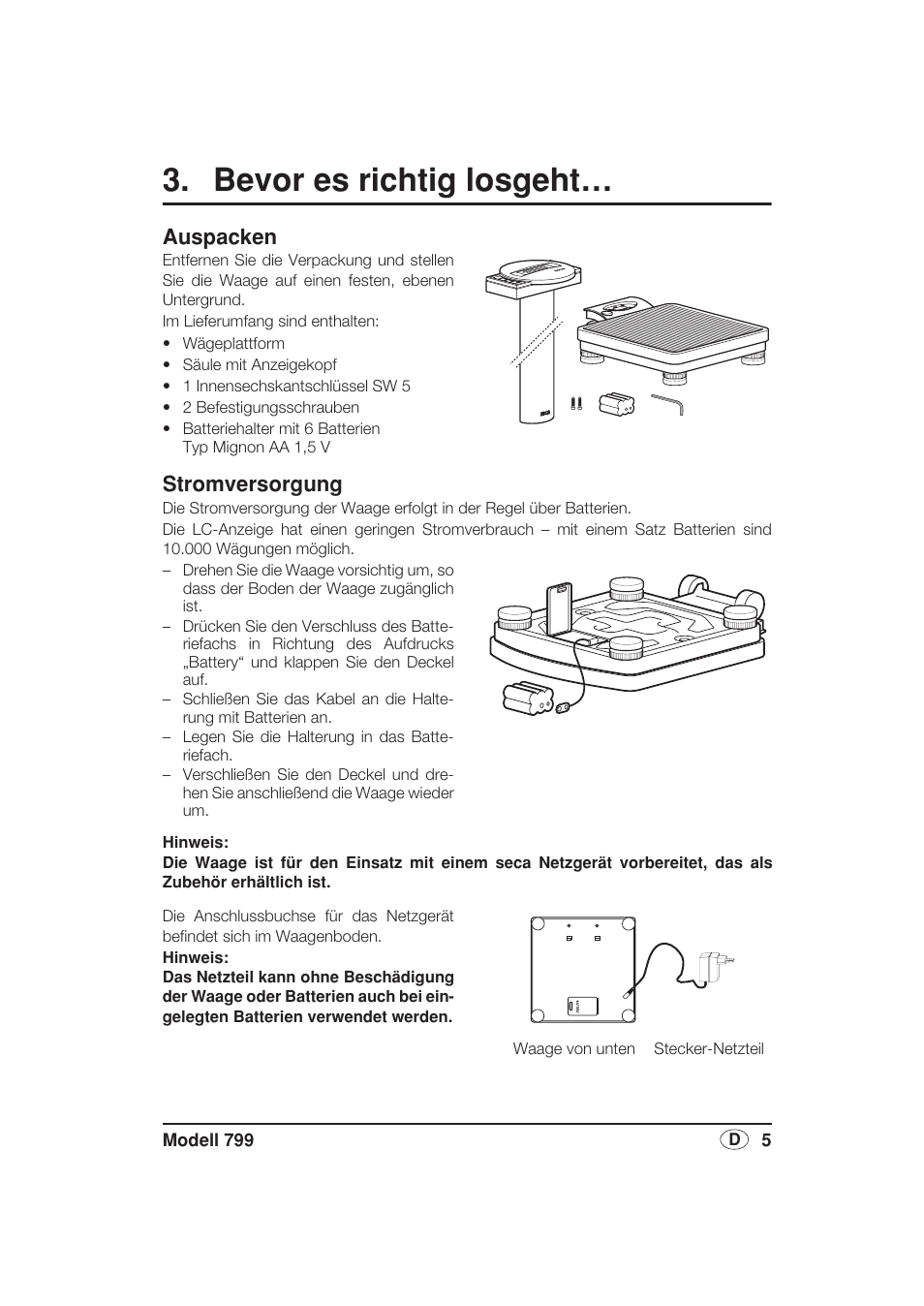 Bevor es richtig losgeht, Stromversorgung, Auspacken | Seca 799 User Manual | Page 5 / 162