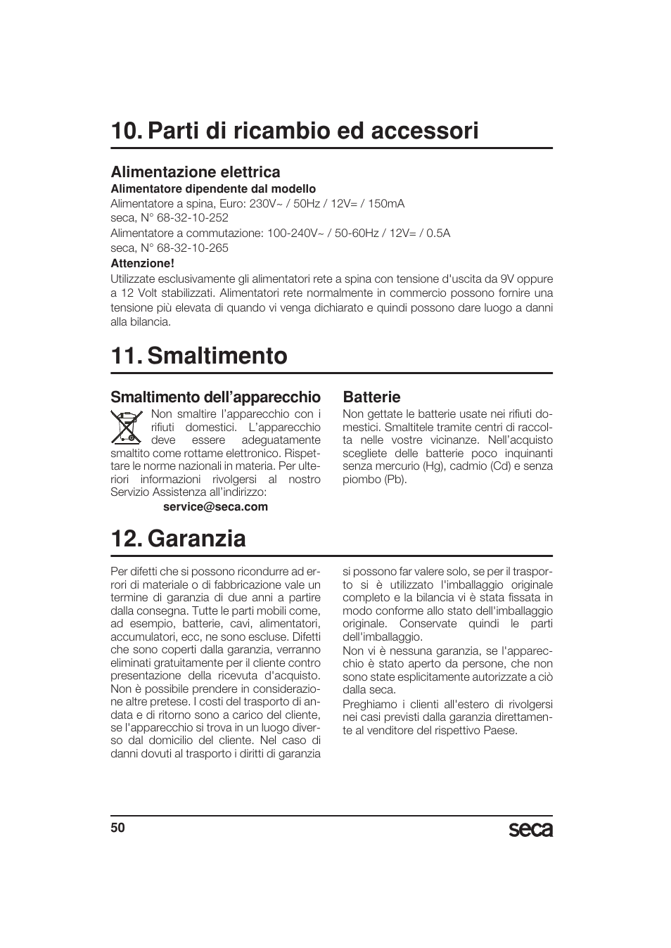 Parti di ricambio ed accessori, Alimentazione elettrica, Smaltimento | Smaltimento dell’apparecchio, Batterie, Garanzia | Seca 799 User Manual | Page 50 / 162