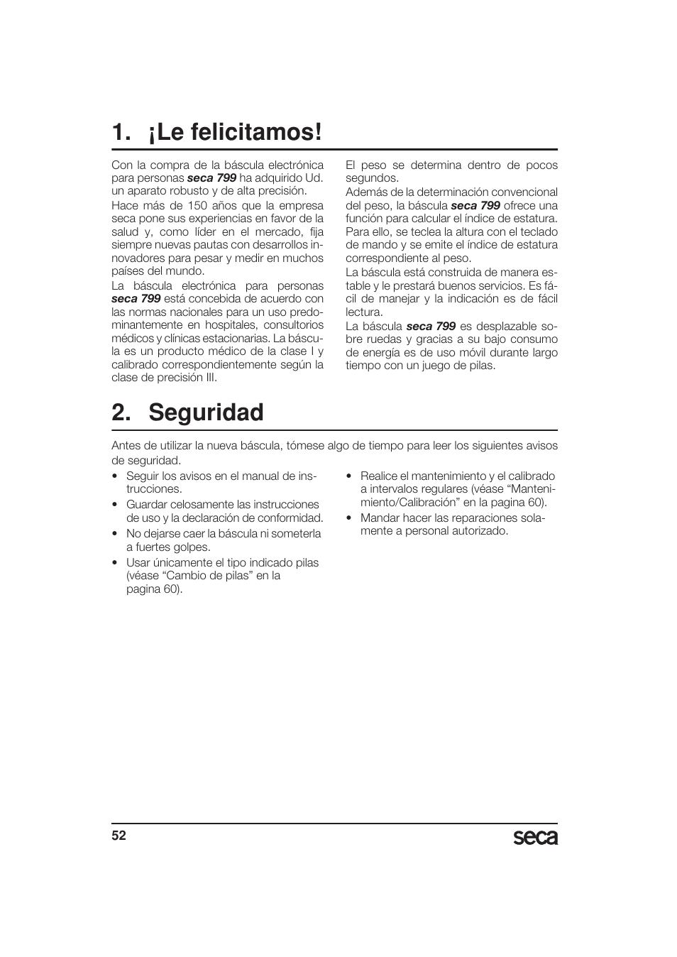 ¡le felicitamos, Seguridad | Seca 799 User Manual | Page 52 / 162