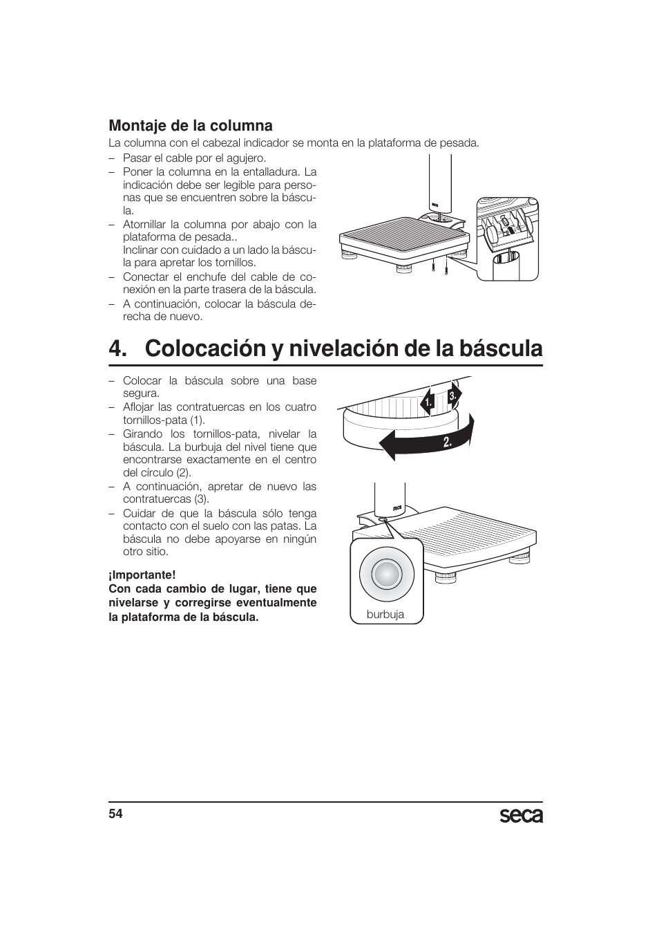 Montaje de la columna, Colocación y nivelación de la báscula | Seca 799 User Manual | Page 54 / 162