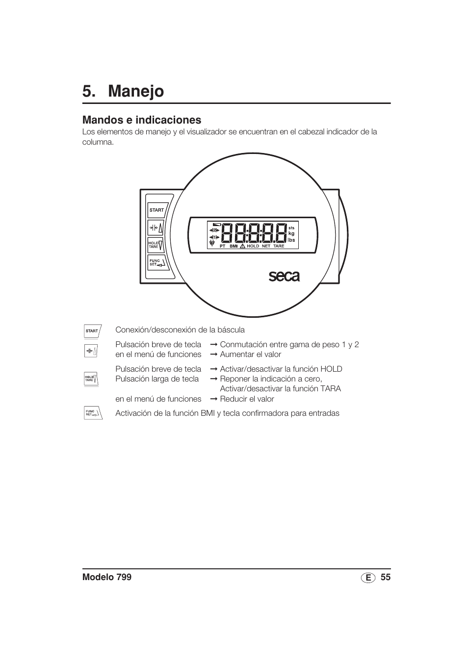 Manejo, Mandos e indicaciones | Seca 799 User Manual | Page 55 / 162