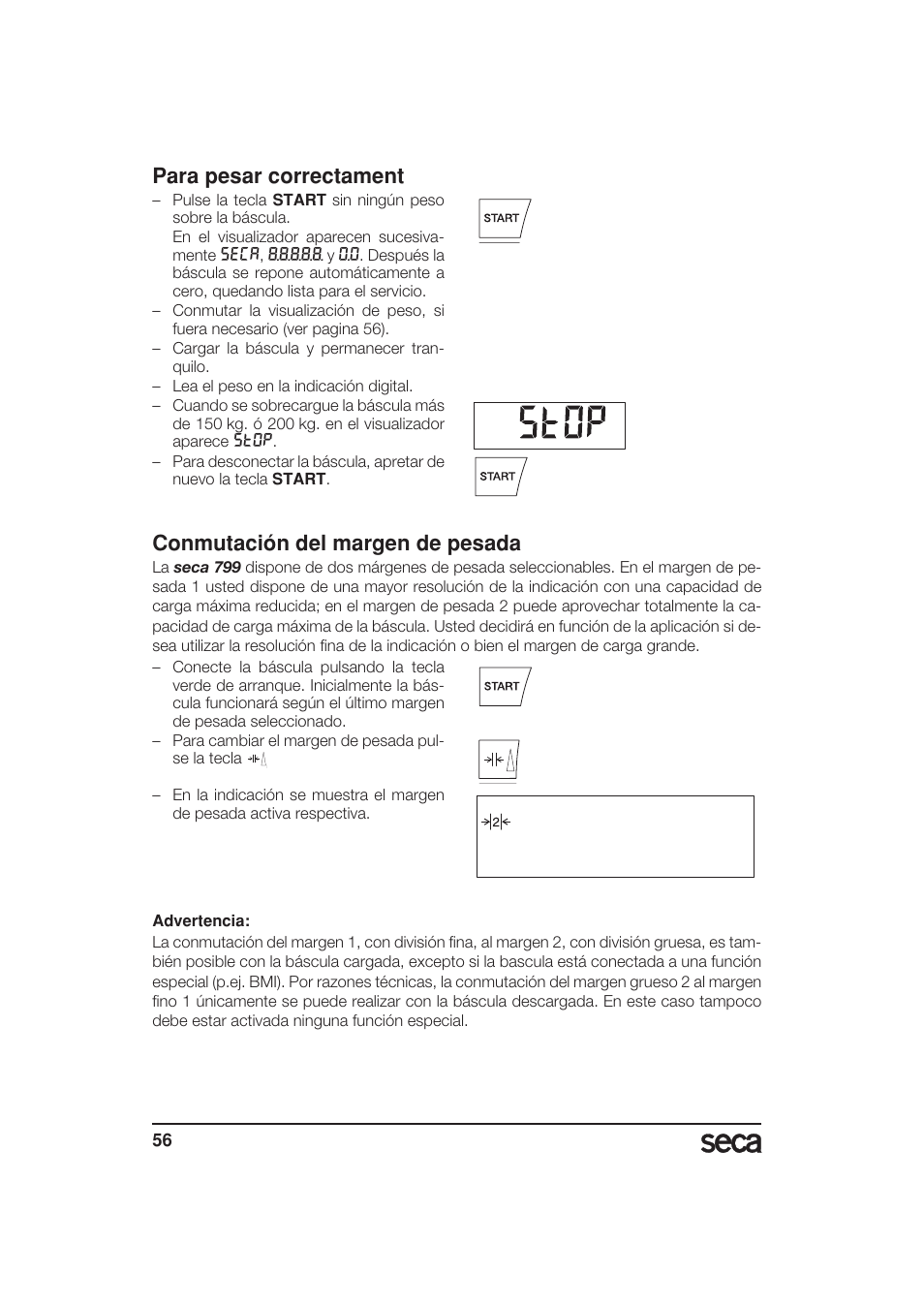 Para pesar correctament, Conmutación del margen de pesada | Seca 799 User Manual | Page 56 / 162