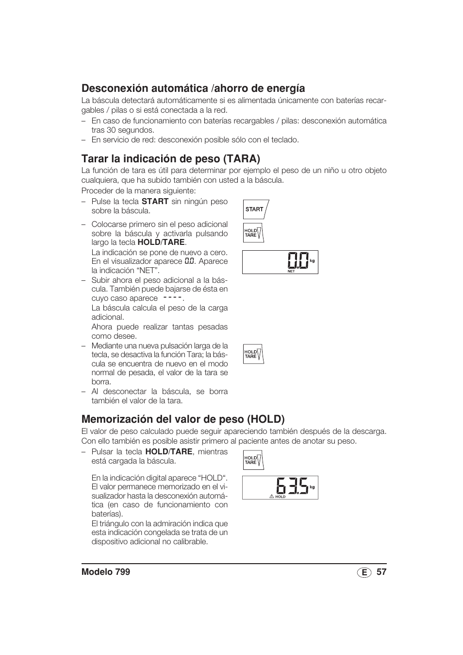 Desconexión automática /ahorro de energía, Tarar la indicación de peso (tara), Memorización del valor de peso (hold) | Seca 799 User Manual | Page 57 / 162