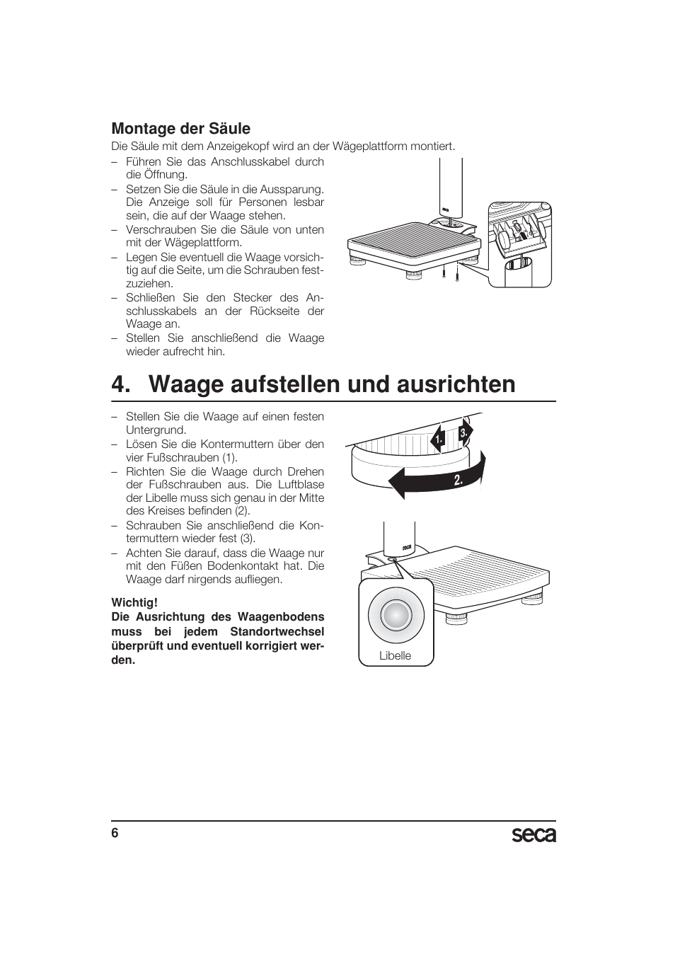 Montage der säule, Waage aufstellen und ausrichten | Seca 799 User Manual | Page 6 / 162