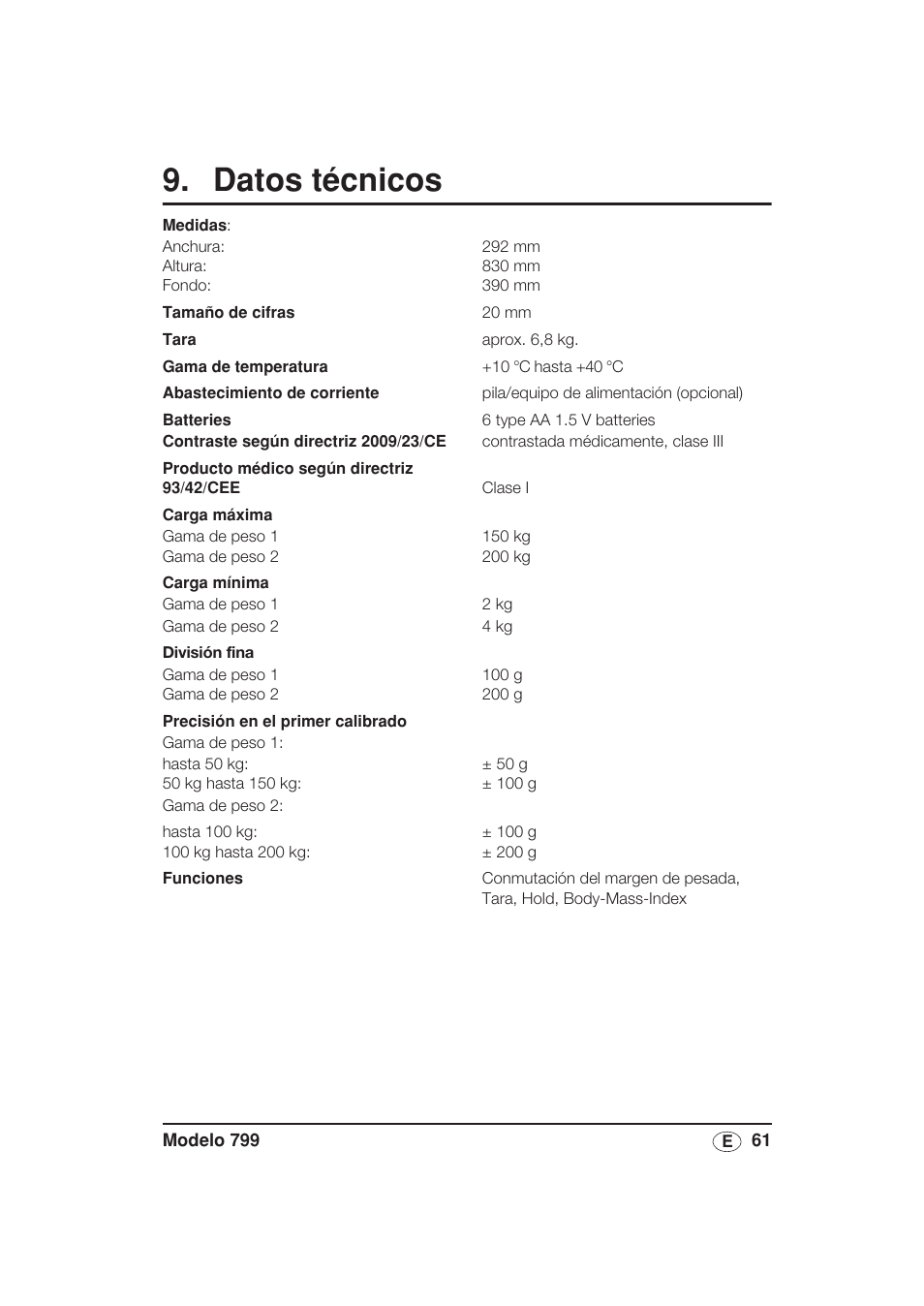 Datos técnicos | Seca 799 User Manual | Page 61 / 162