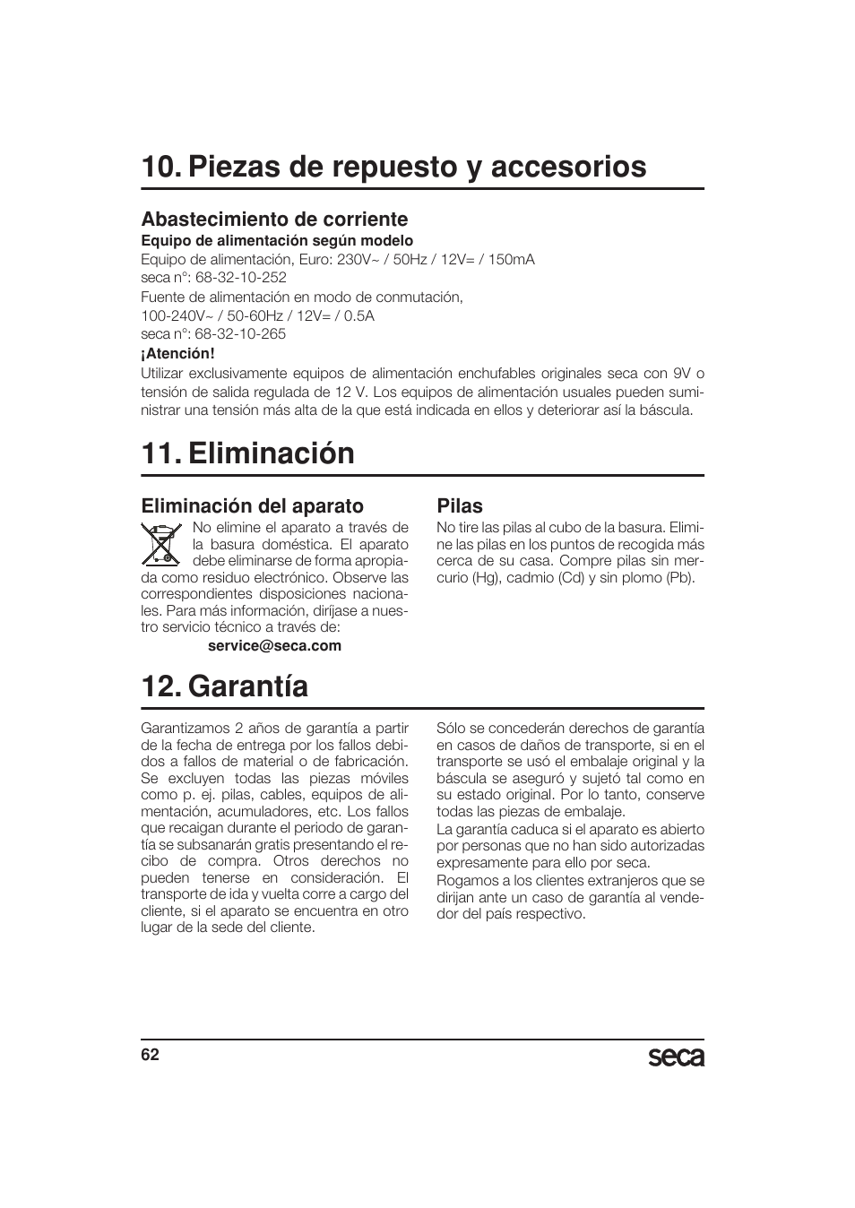 Piezas de repuesto y accesorios, Abastecimiento de corriente, Eliminación | Eliminación del aparato, Pilas, Garantía | Seca 799 User Manual | Page 62 / 162