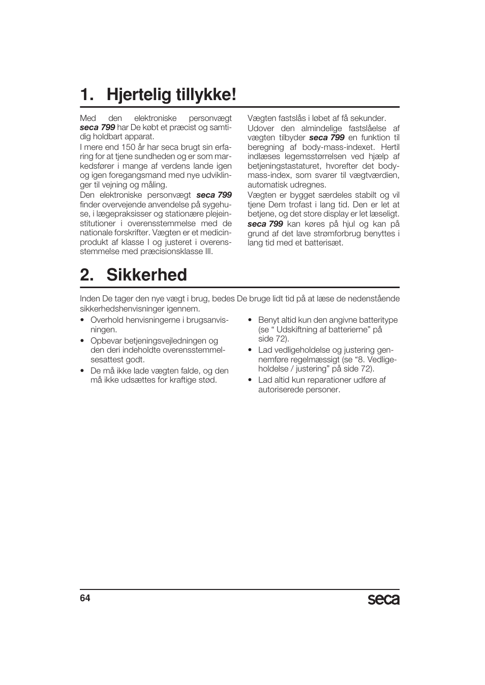 Hjertelig tillykke, Sikkerhed | Seca 799 User Manual | Page 64 / 162