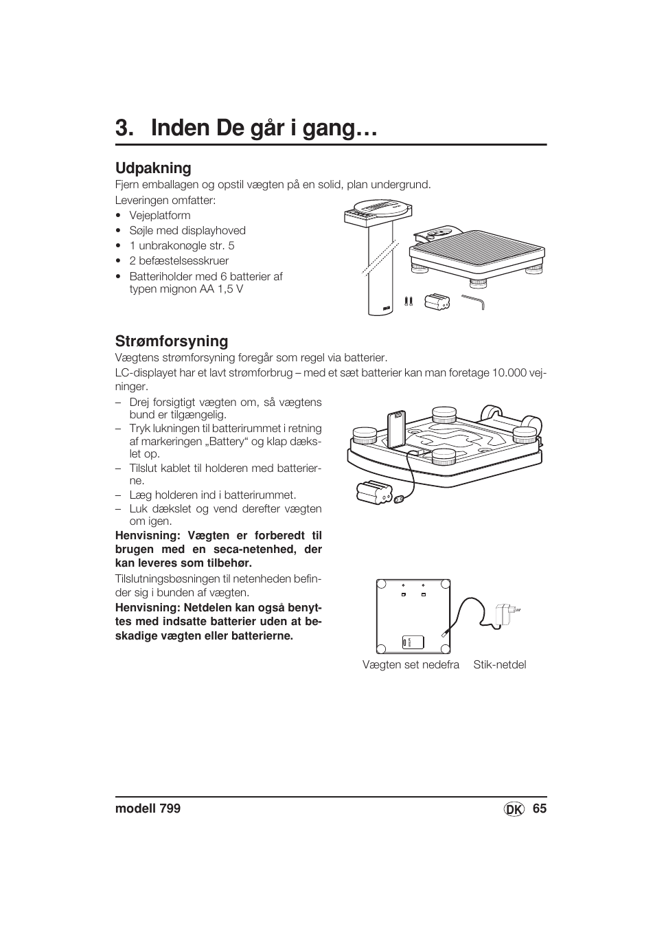 Inden de går i gang, Udpakning, Strømforsyning | Seca 799 User Manual | Page 65 / 162