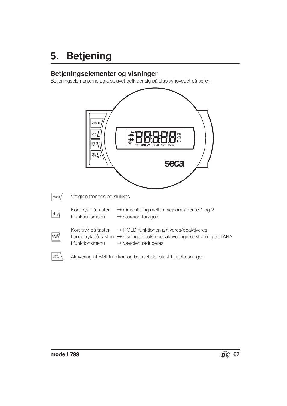Betjening, Betjeningselementer og visninger | Seca 799 User Manual | Page 67 / 162