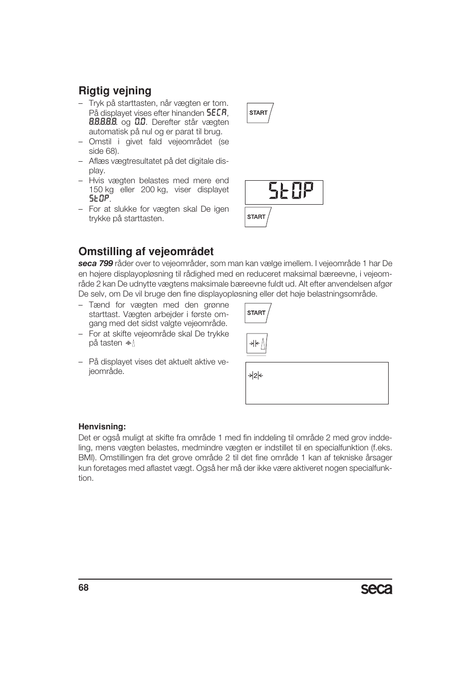 Rigtig vejning, Omstilling af vejeområdet | Seca 799 User Manual | Page 68 / 162