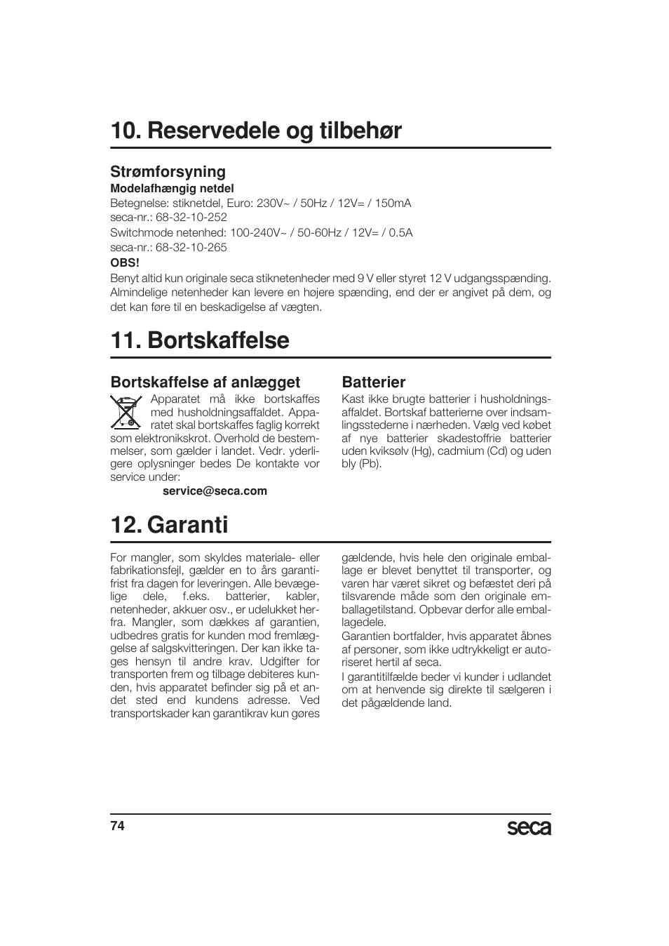Reservedele og tilbehør, Bortskaffelse, Batterier | Garanti, Strømforsyning, Bortskaffelse af anlægget | Seca 799 User Manual | Page 74 / 162