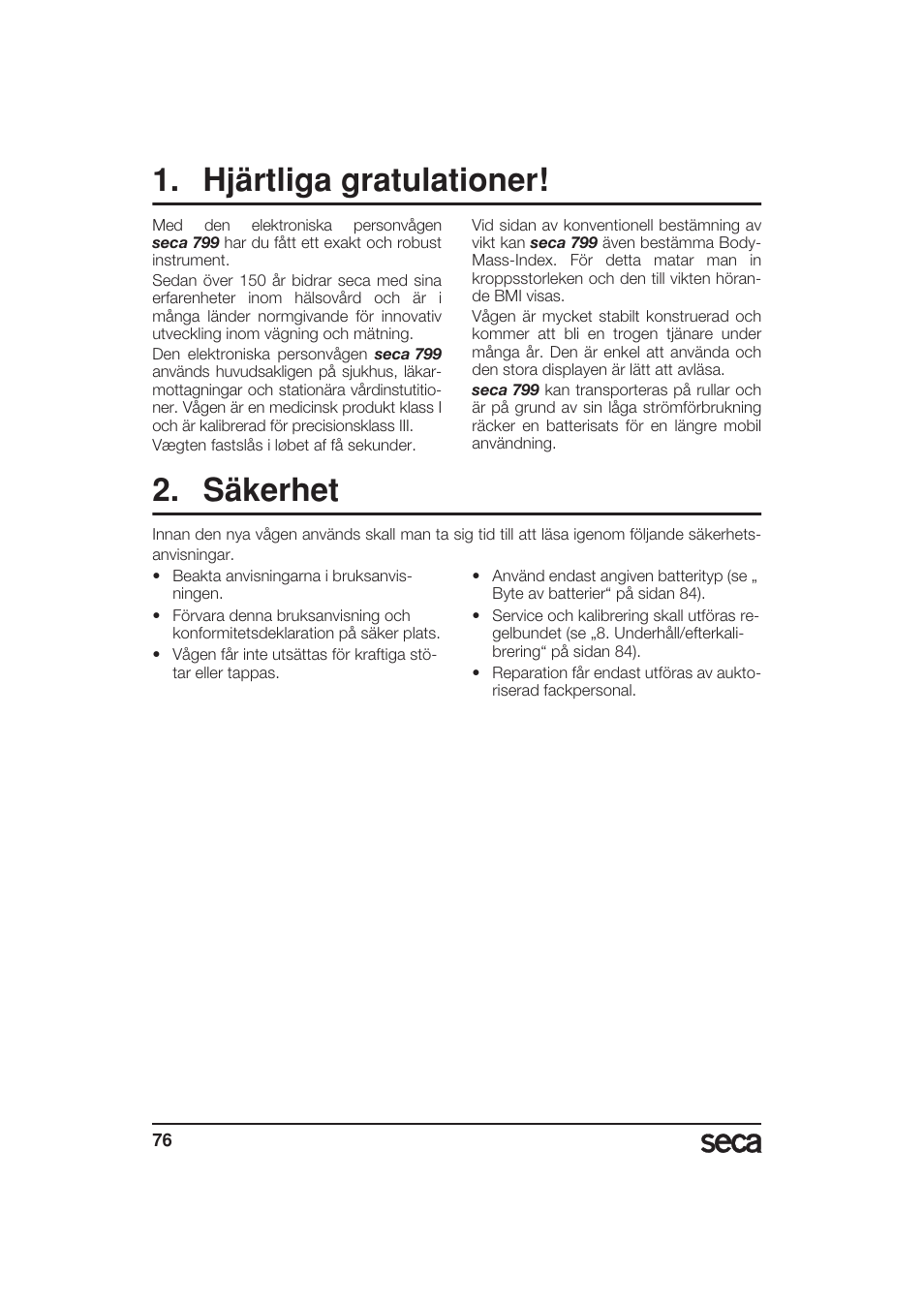 Hjärtliga gratulationer, Säkerhet | Seca 799 User Manual | Page 76 / 162