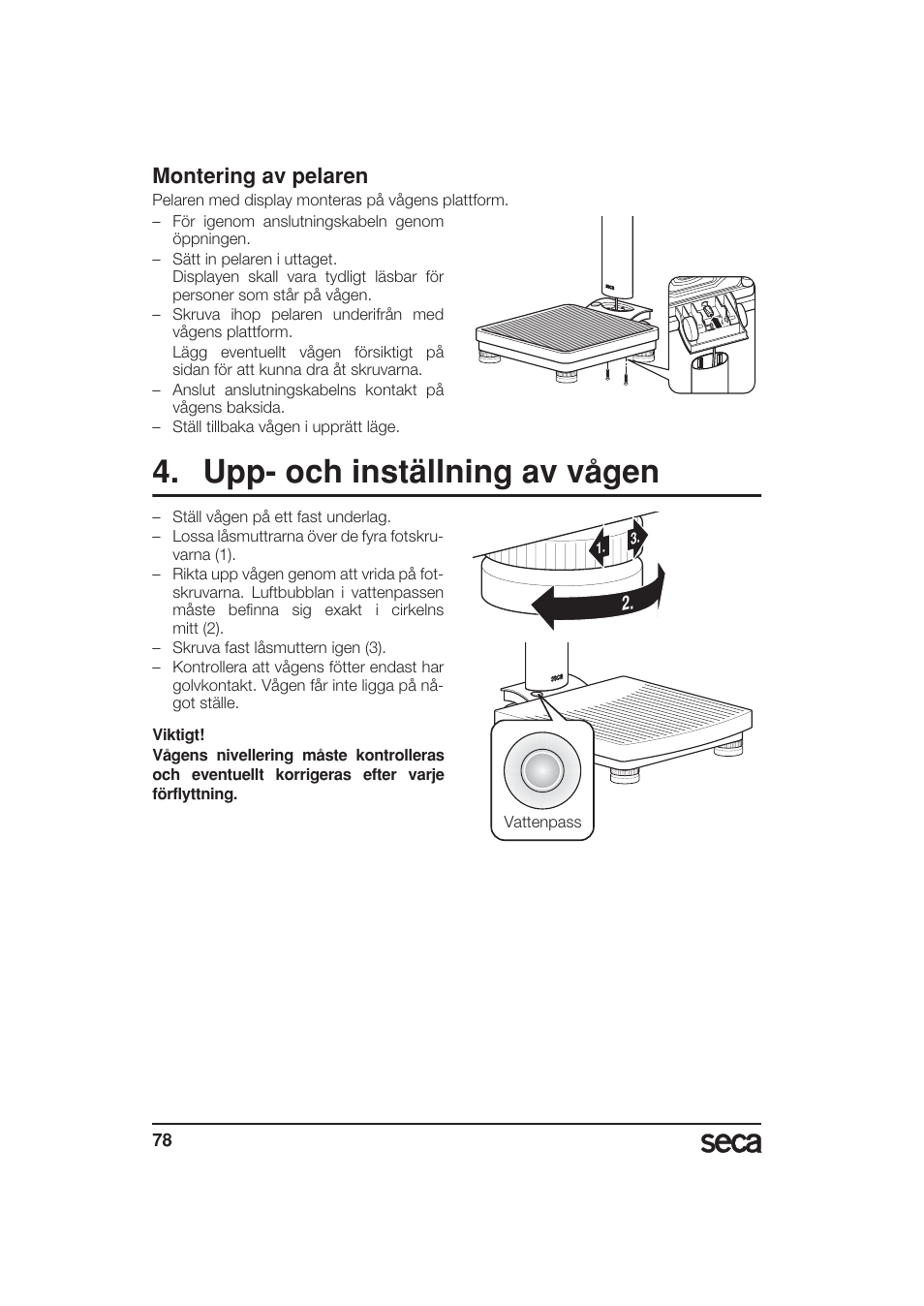 Montering av pelaren, Upp- och inställning av vågen | Seca 799 User Manual | Page 78 / 162