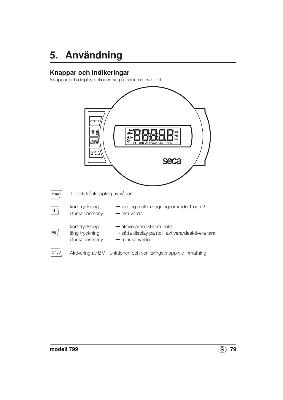 Knappar och indikeringar, Användning | Seca 799 User Manual | Page 79 / 162