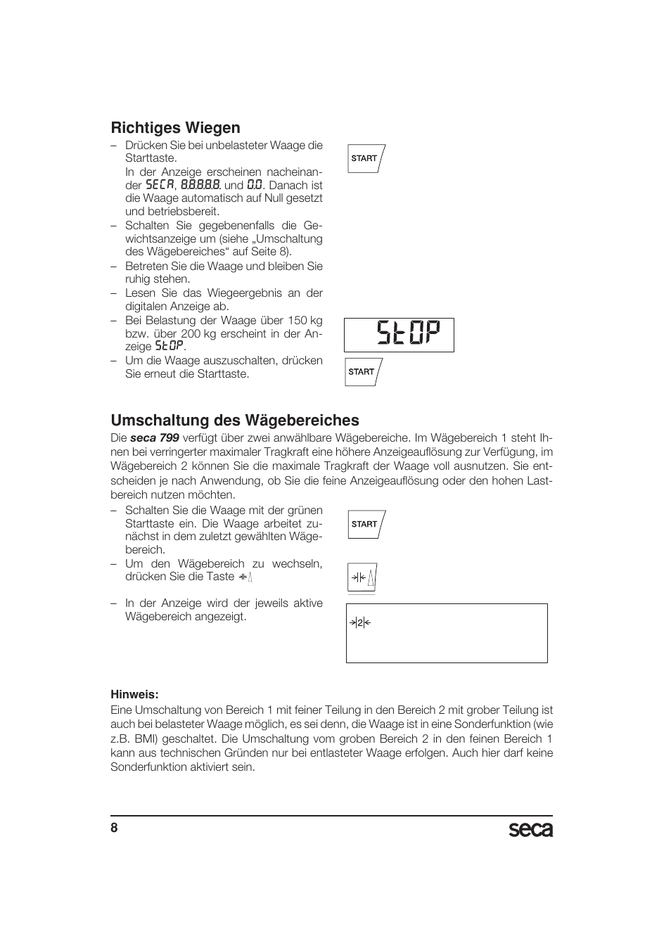 Richtiges wiegen, Umschaltung des wägebereiches | Seca 799 User Manual | Page 8 / 162
