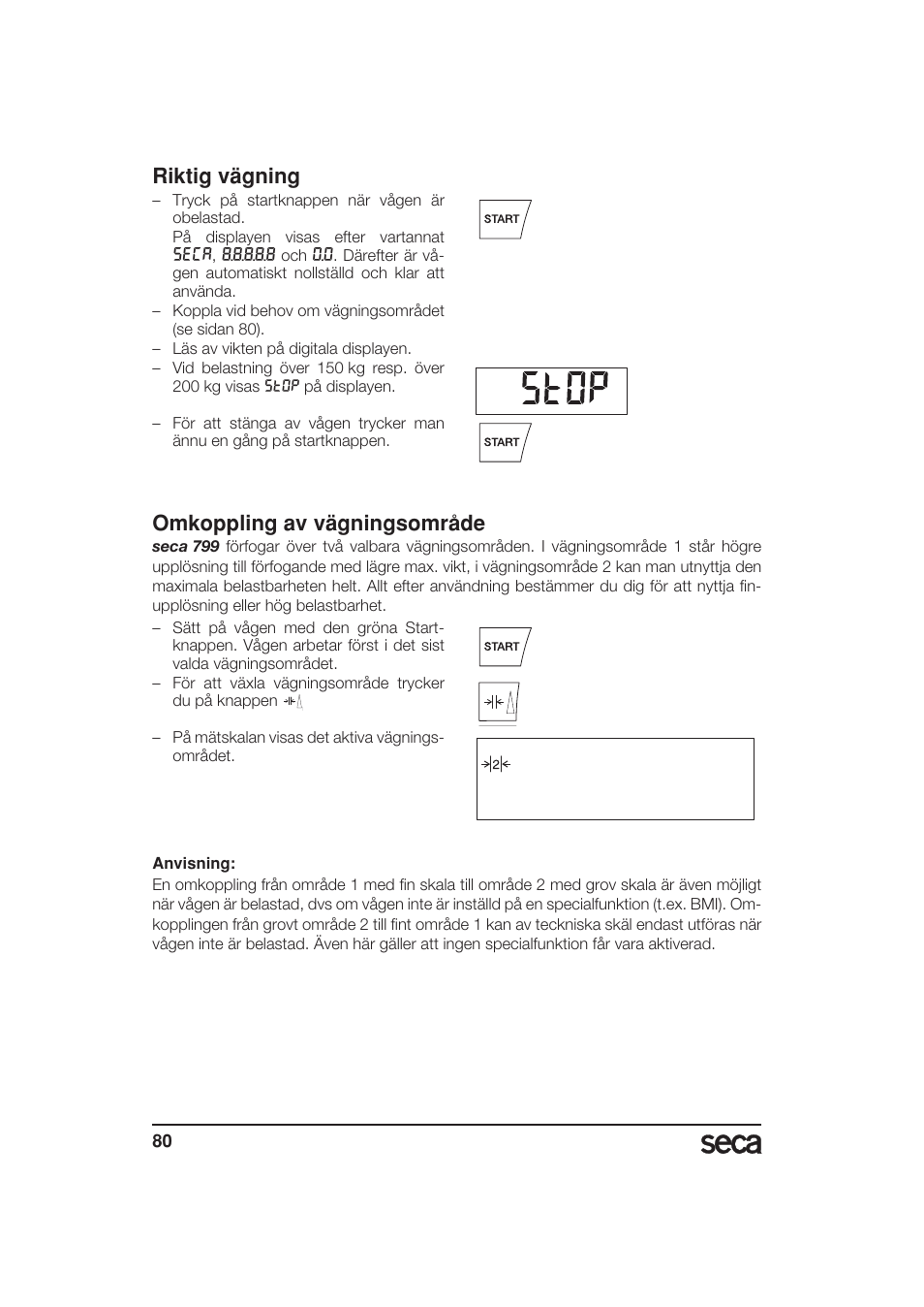 Riktig vägning, Omkoppling av vägningsområde | Seca 799 User Manual | Page 80 / 162