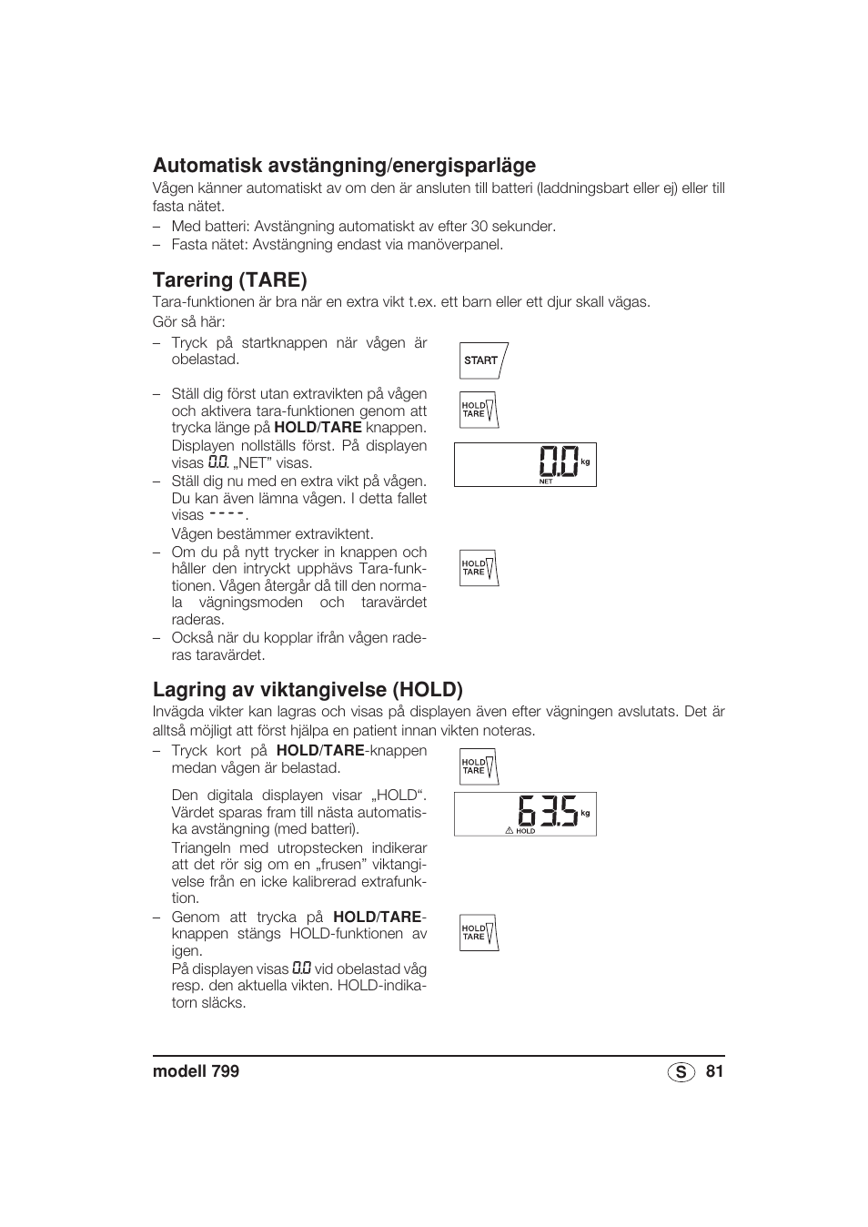 Automatisk avstängning/energisparläge, Tarering (tare), Lagring av viktangivelse (hold) | Seca 799 User Manual | Page 81 / 162