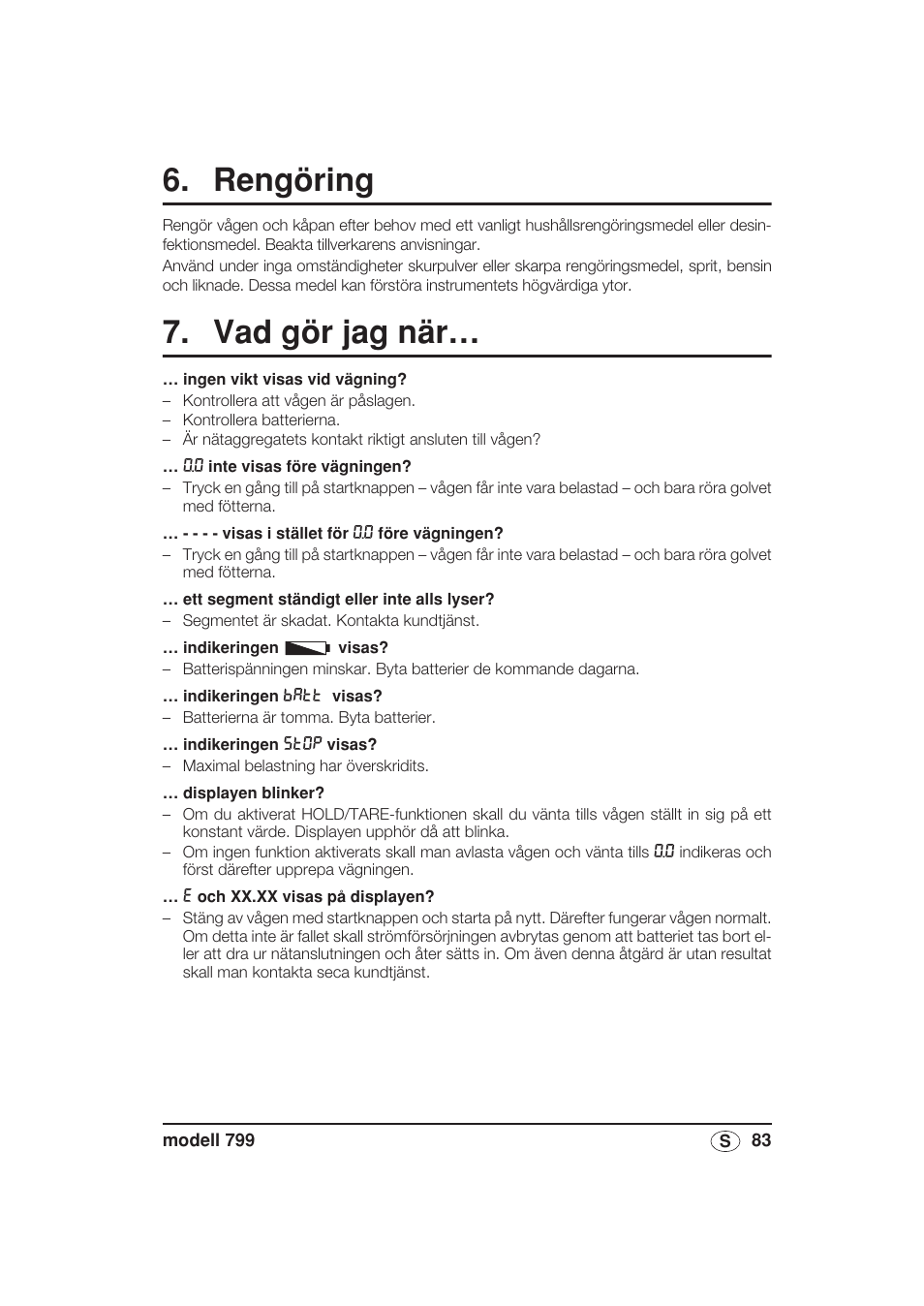 Rengöring, Vad gör jag när | Seca 799 User Manual | Page 83 / 162