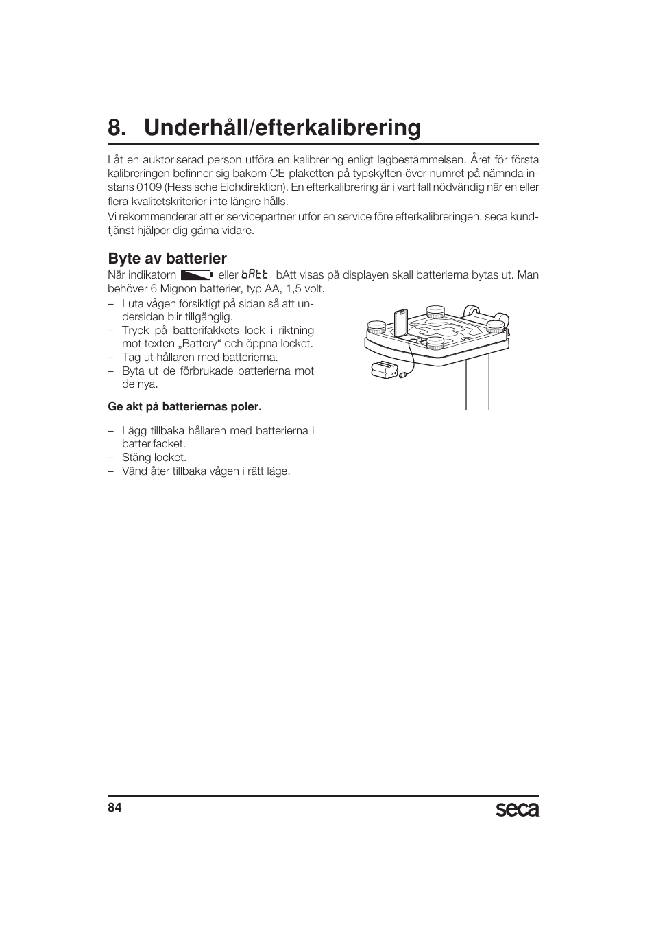 Underhåll/efterkalibrering, Byte av batterier | Seca 799 User Manual | Page 84 / 162
