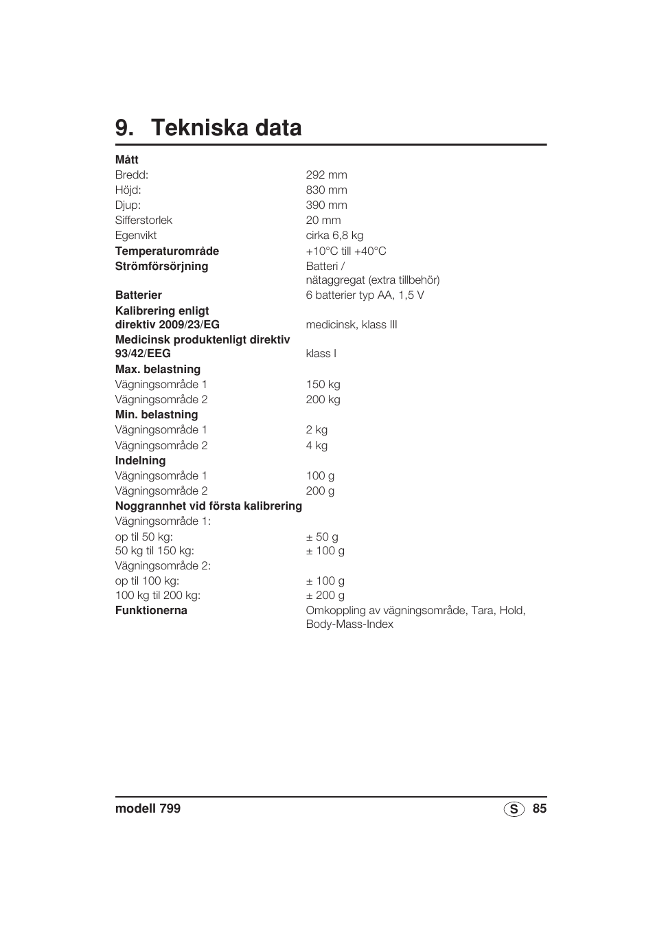 Tekniska data | Seca 799 User Manual | Page 85 / 162