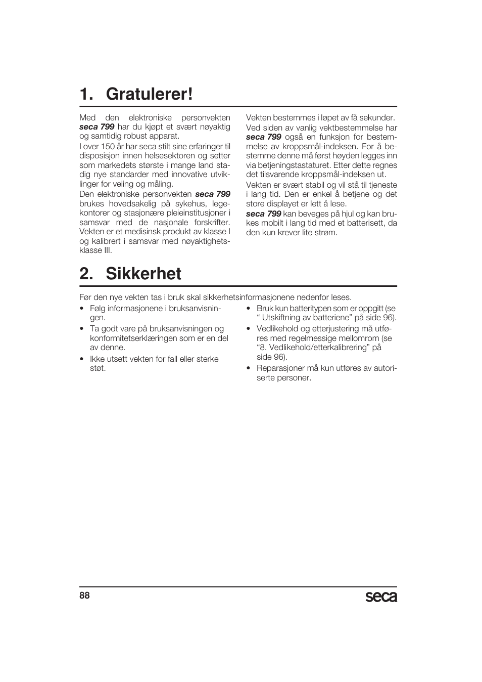 Gratulerer, Sikkerhet | Seca 799 User Manual | Page 88 / 162