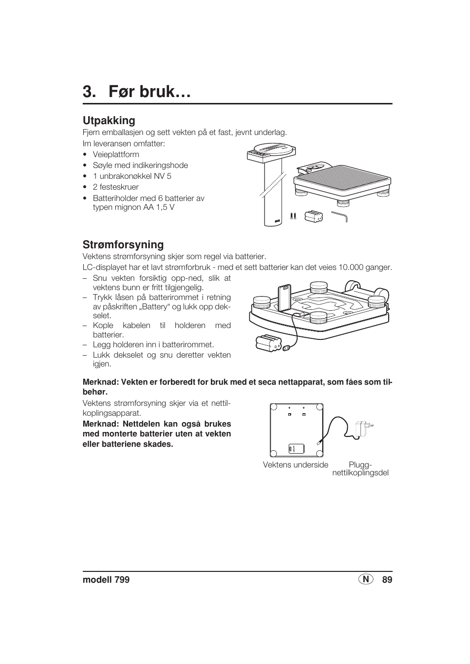 Før bruk, Utpakking, Strømforsyning | Seca 799 User Manual | Page 89 / 162