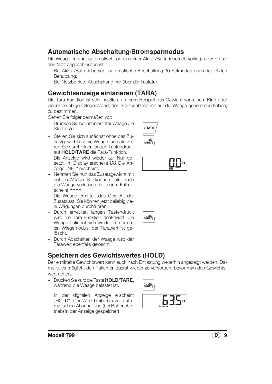 Automatische abschaltung/stromsparmodus, Gewichtsanzeige eintarieren (tara), Speichern des gewichtswertes (hold) | Seca 799 User Manual | Page 9 / 162