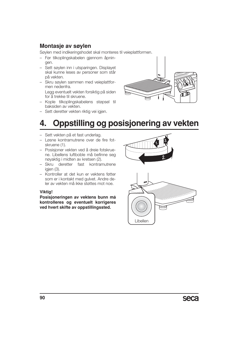 Montasje av søylen, Oppstilling og posisjonering av vekten | Seca 799 User Manual | Page 90 / 162