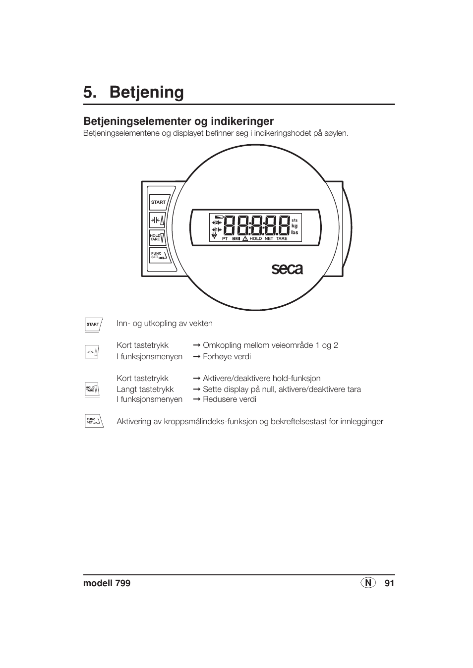 Betjeningselementer og indikeringer, Betjening | Seca 799 User Manual | Page 91 / 162