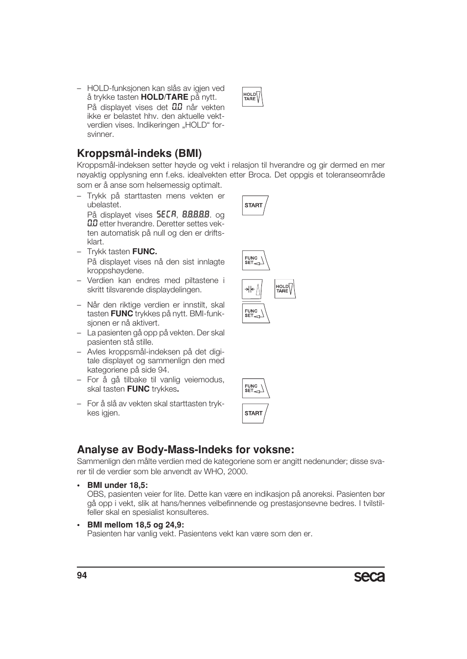 Kroppsmål-indeks (bmi), Analyse av body-mass-indeks for voksne | Seca 799 User Manual | Page 94 / 162