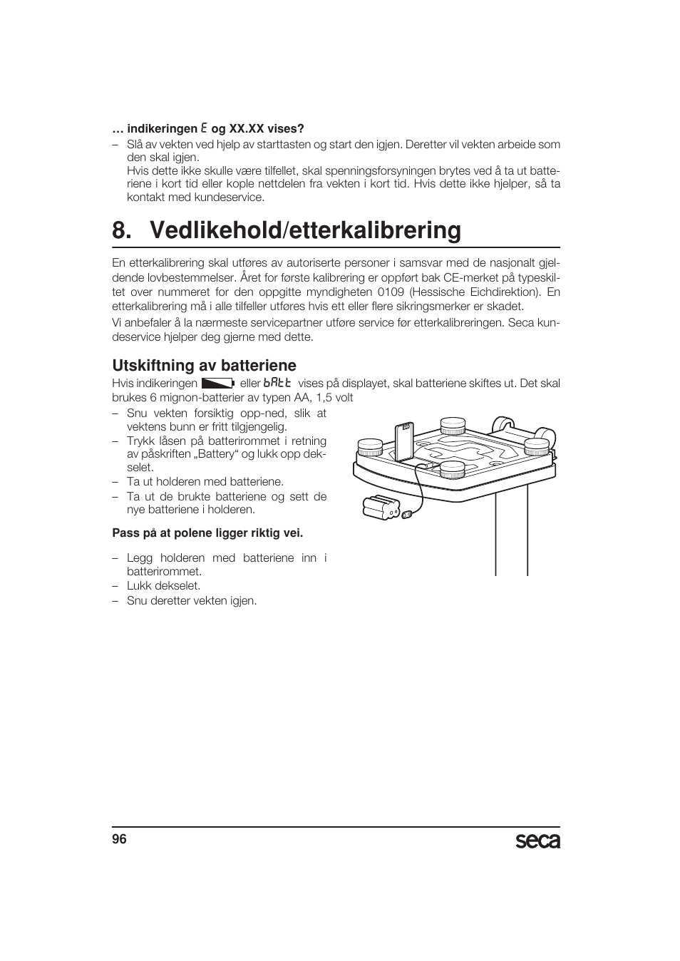 Vedlikehold/etterkalibrering, Utskiftning av batteriene | Seca 799 User Manual | Page 96 / 162