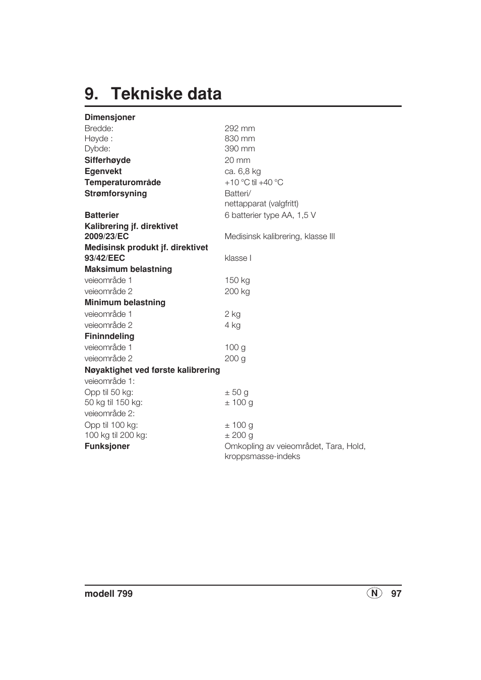 Tekniske data | Seca 799 User Manual | Page 97 / 162