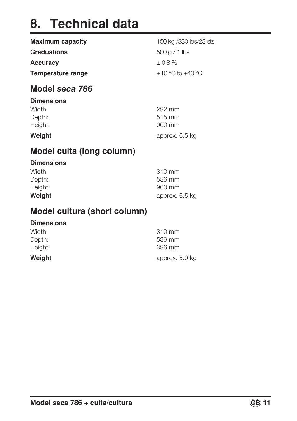 Technical data, Model seca 786, Model culta (long column) | Model cultura (short column) | Seca 786/culta/cultura User Manual | Page 11 / 38