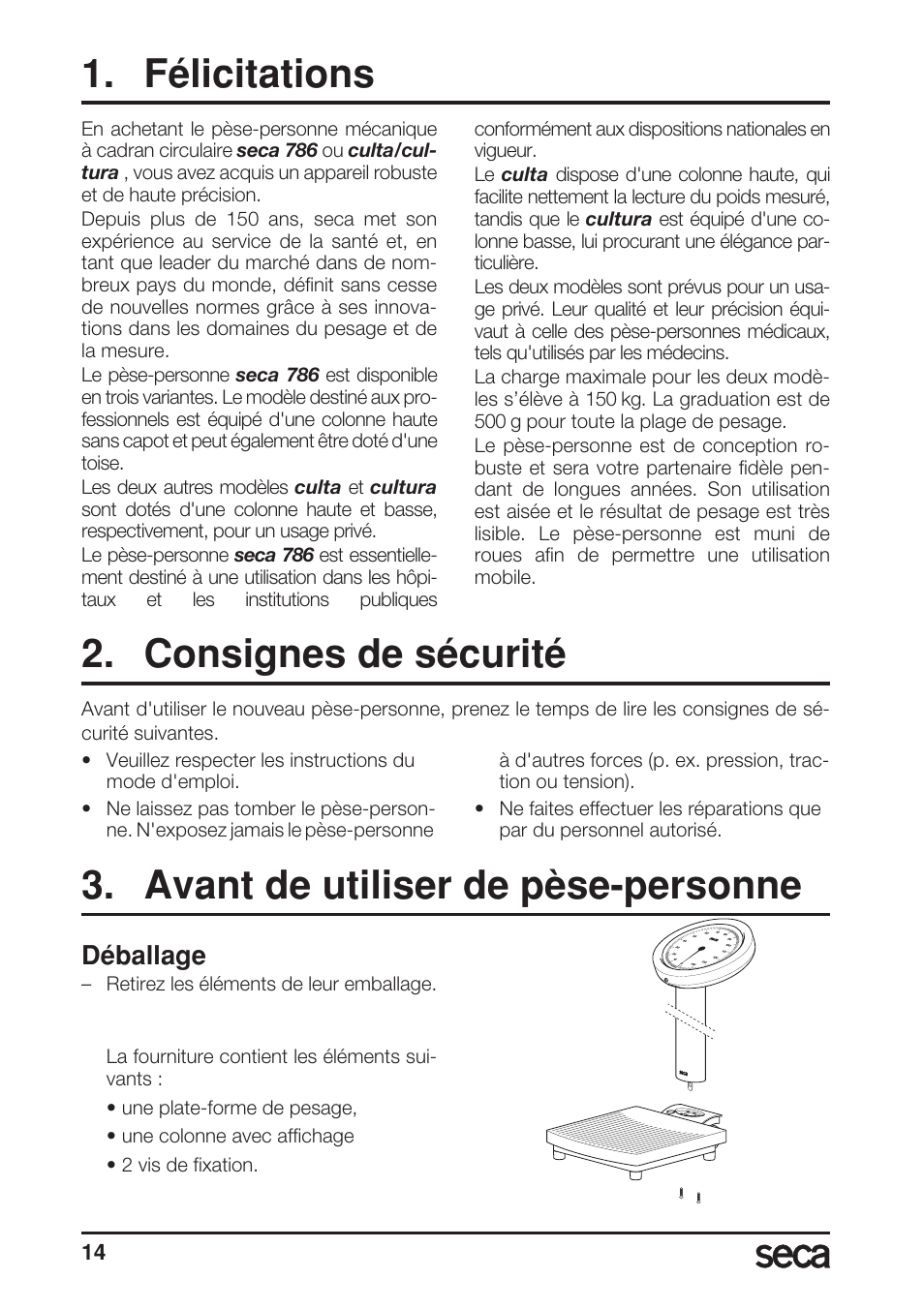 Français, Félicitations, Consignes de sécurité | Avant de utiliser de pèse-personne, Déballage | Seca 786/culta/cultura User Manual | Page 14 / 38