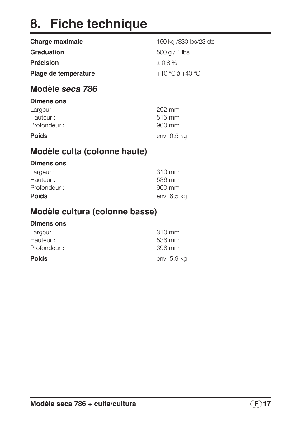 Fiche technique, Modèle seca 786, Modèle culta (colonne haute) | Modèle cultura (colonne basse) | Seca 786/culta/cultura User Manual | Page 17 / 38