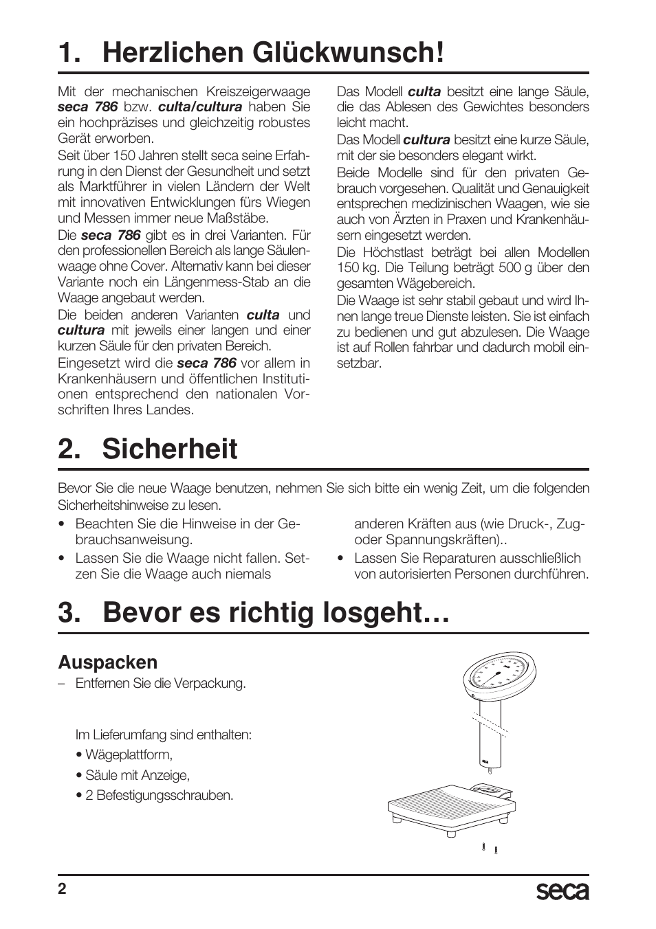 Deutsch, Herzlichen glückwunsch, Sicherheit | Bevor es richtig losgeht, Auspacken | Seca 786/culta/cultura User Manual | Page 2 / 38