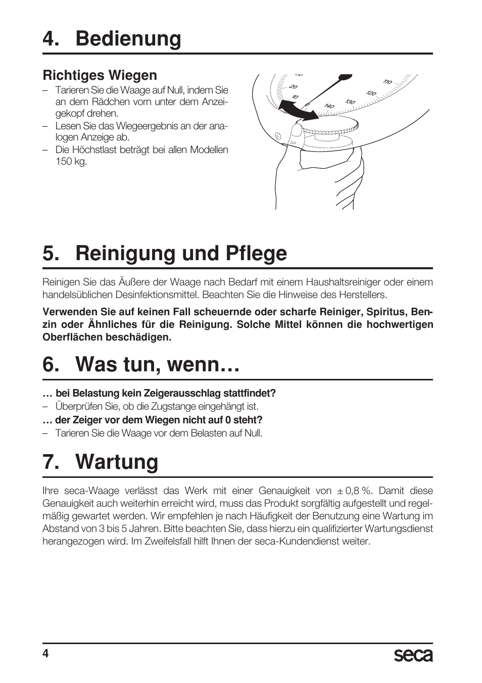Bedienung, Richtiges wiegen, Reinigung und pflege | Was tun, wenn, Wartung | Seca 786/culta/cultura User Manual | Page 4 / 38