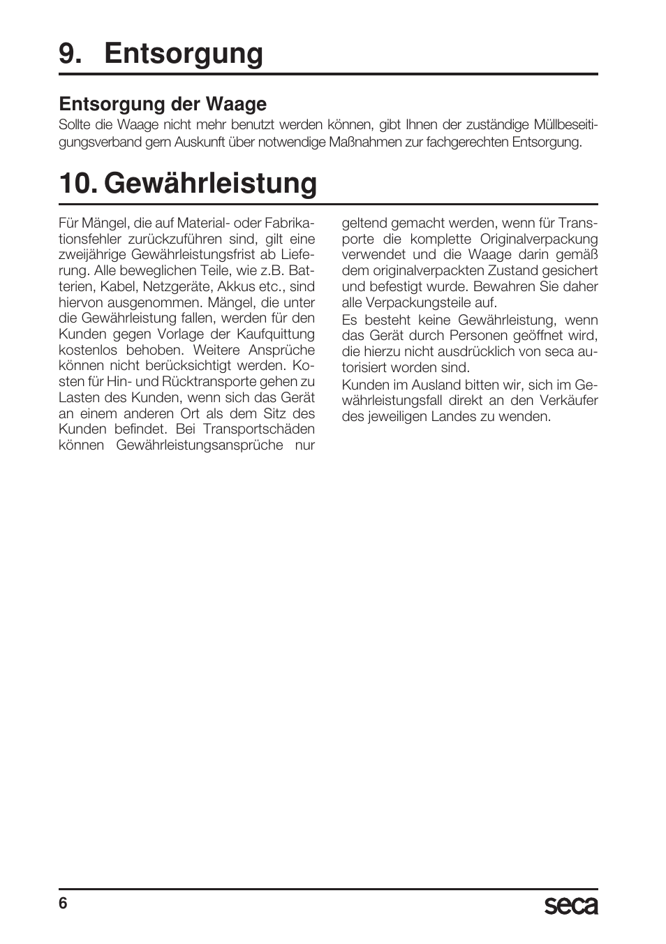 Entsorgung, Entsorgung der waage, Gewährleistung | Seca 786/culta/cultura User Manual | Page 6 / 38